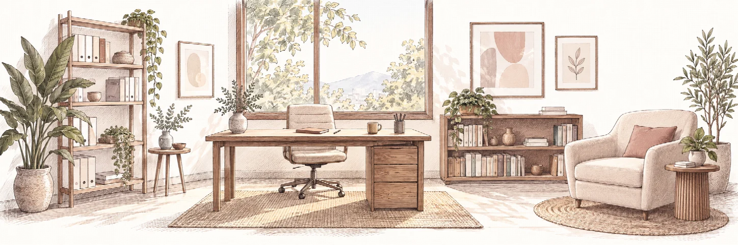 Ilustración de un consultorio con escritorio, libros y plantas